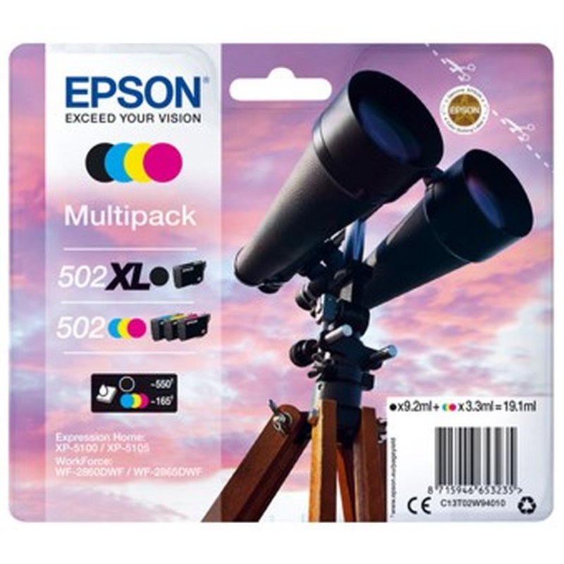 Epson 502 XL cartucho de tinta 4 pieza(s) Original Alto rendimiento (XL) Negro, Azul, Magenta, Amarillo