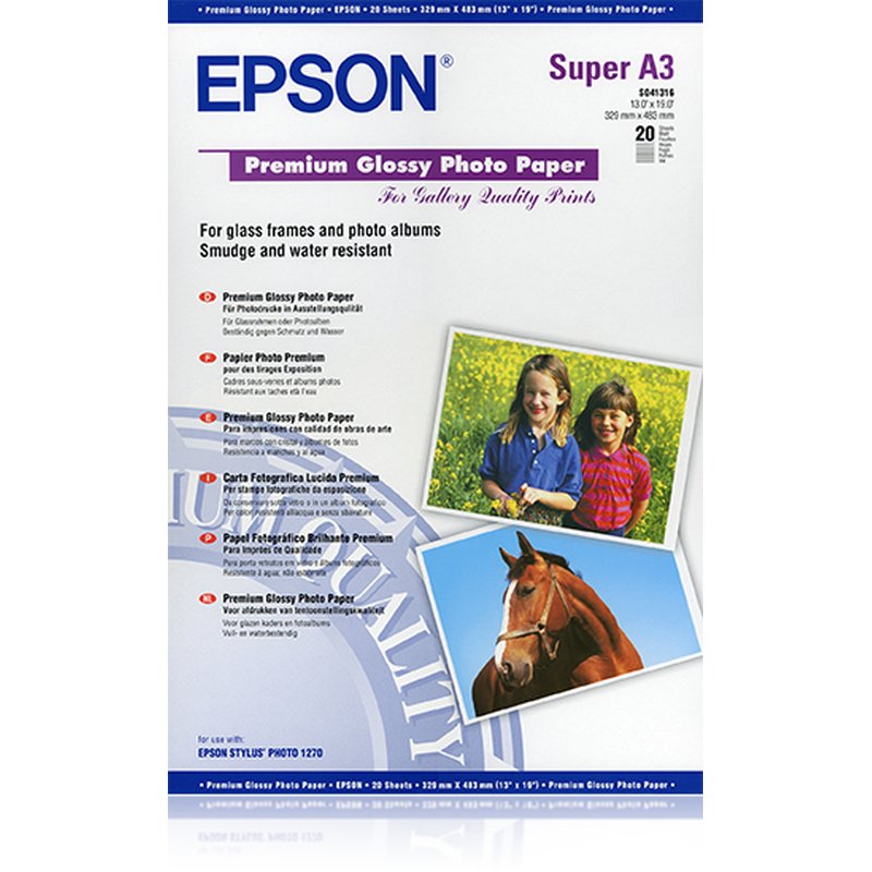 Epson Premium Glossy Photo Paper, DIN A3+, 250 g/m², 20 hojas Epson Premium Glossy Photo Paper, DIN A3+, 250 g/m², 20 hojas