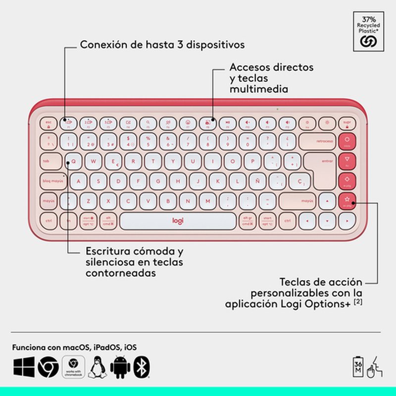 Logitech POP ICON COMBO, combinación de teclado y ratón Bluetooth, escritura cómoda, teclas y botones programables, clics discretos, Easy-Switch hasta 3 dispositivos: rosado - Imagen 6