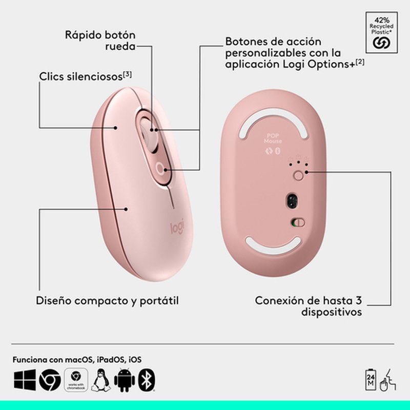 Logitech POP Mouse, ratón inalámbrico Bluetooth compacto y portátil con botones programables y clics discretos, tecnología Easy-Switch para alternar hasta 3 dispositivos, portátil, tablet, PC: Rosa - Imagen 6