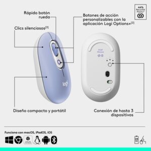 Logitech POP Mouse, ratón inalámbrico Bluetooth compacto y portátil con botones programables y clics discretos, tecnología Easy-Switch para alternar hasta 3 dispositivos, portátil, tablet, PC: Lila