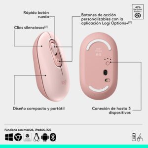 Logitech POP Mouse, ratón inalámbrico Bluetooth compacto y portátil con botones programables y clics discretos, tecnología Easy-Switch para alternar hasta 3 dispositivos, portátil, tablet, PC: Rosa