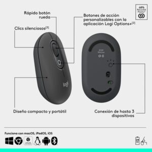 Logitech POP Mouse, ratón inalámbrico Bluetooth compacto y portátil con botones programables y clics discretos, tecnología Easy-Switch para alternar hasta 3 dispositivos, portátil, tablet, PC: grafito