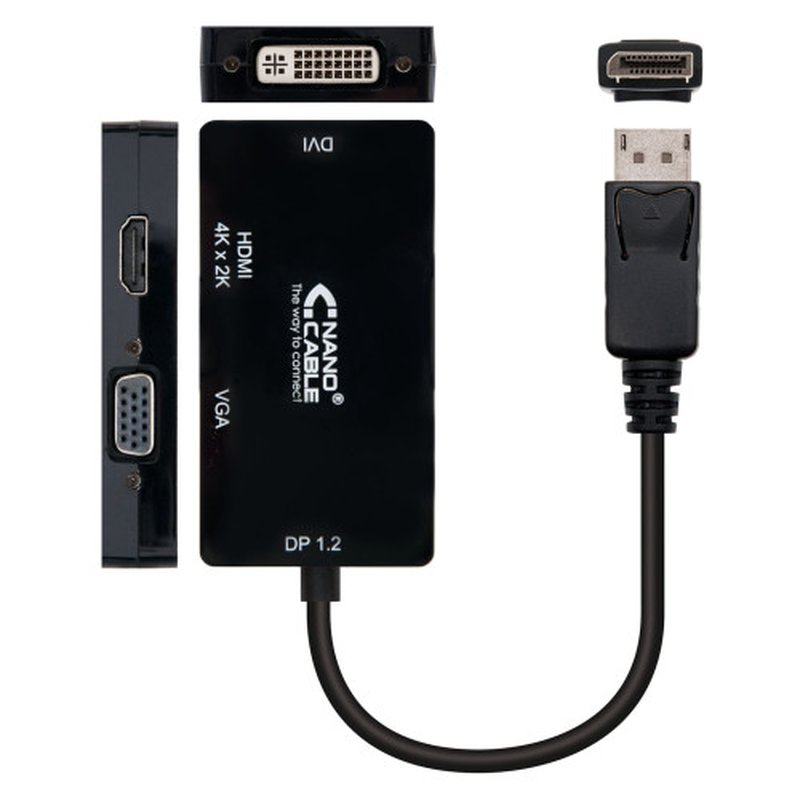 Nanocable Conversor Displayport a VGA / HDMI, 3 en 1, DP 1.2/M-VGA/H-HDMI/H 4K, Negro, 15 cm - Imagen 2