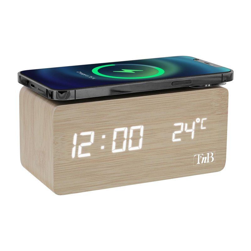 TNB JOY - Reloj despertador LED de 3 alarmas con cargador de inducción - efecto madera