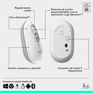 Logitech POP Mouse, ratón inalámbrico Bluetooth compacto y portátil con botones programables y clics discretos, tecnología Easy-Switch para alternar hasta 3 dispositivos, portátil, tablet, PC: Blanco