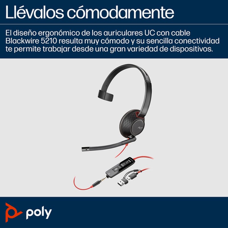 POLY Auriculares Blackwire 5210 monaural USB-C + conector de 3,5 mm + adaptador USB-C/A - Imagen 2