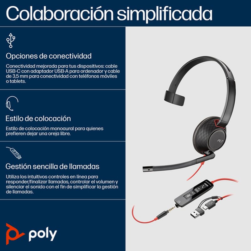 POLY Auriculares Blackwire 5210 monaural USB-C + conector de 3,5 mm + adaptador USB-C/A - Imagen 4