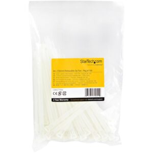 StarTech.com Bridas reutilizables de 15cm para cables - 7 mm de ancho, 35 mm de diámetro, soportan 22 kg de tensión, de nylon, para interior/ext., 94V-2/UL, paquete de 100 - blancas