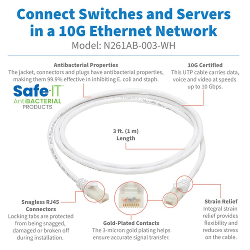 Tripp Lite N261AB-003-WH Cable Ethernet UTP Antibacteriano Snagless Certificado Cat6a 10G (RJ45 M/M), Blanco, 0.91 m [3 pies] - Imagen 2