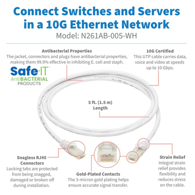 Tripp Lite N261AB-005-WH Cable Ethernet UTP Antibacteriano Snagless Certificado Cat6a 10G (RJ45 M/M), Blanco, 1.52 m [5 pies] - Imagen 2