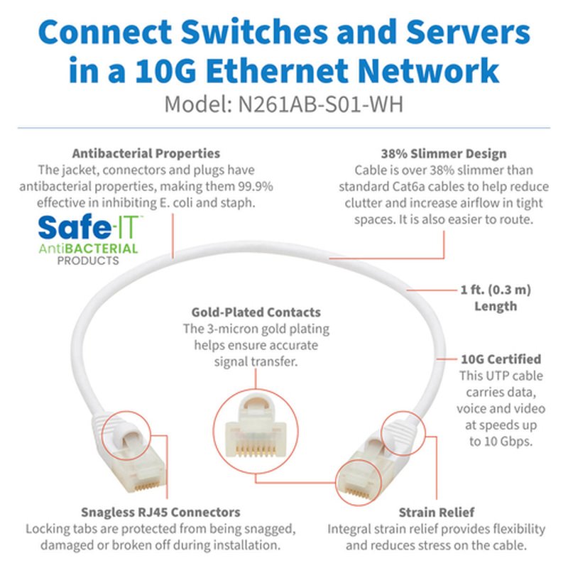 Tripp Lite N261AB-S01-WH Cable Ethernet UTP Delgado Antibacteriano Snagless Certificado Cat6a 10G (RJ45 M/M), Blanco, 30.5 cm [1 pie] - Imagen 2