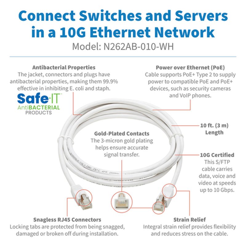 Tripp Lite N262AB-010-WH Cable Ethernet S/FTP Antibacteriano Snagless Certificado Cat6a 10G (RJ45 M/M), PoE, Blanco, 3.05 m [10 pies] - Imagen 2