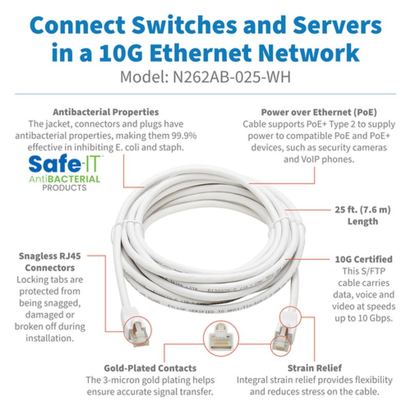 Tripp Lite N262AB-025-WH Cable Ethernet S/FTP Antibacteriano Snagless Certificado Cat6a 10G (RJ45 M/M), PoE, Blanco, 7.62 m [25 pies] - Imagen 2
