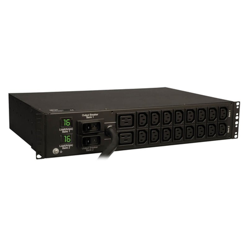 Tripp Lite PDU Monofásico con Medidor Digital, 7.4kW 32A 230V, Instalación Horizontal de 2U en Rack, 18 tomacorrientes (2 C19 y 16 C13), cable de 3.6m [12 pies], clavija de alimentación IEC-309 Azul 230V 32A