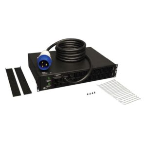 Tripp Lite PDU Monofásico con Medidor Digital, 7.4kW 32A 230V, Instalación Horizontal de 2U en Rack, 18 tomacorrientes (2 C19 y 16 C13), cable de 3.6m [12 pies], clavija de alimentación IEC-309 Azul 230V 32A