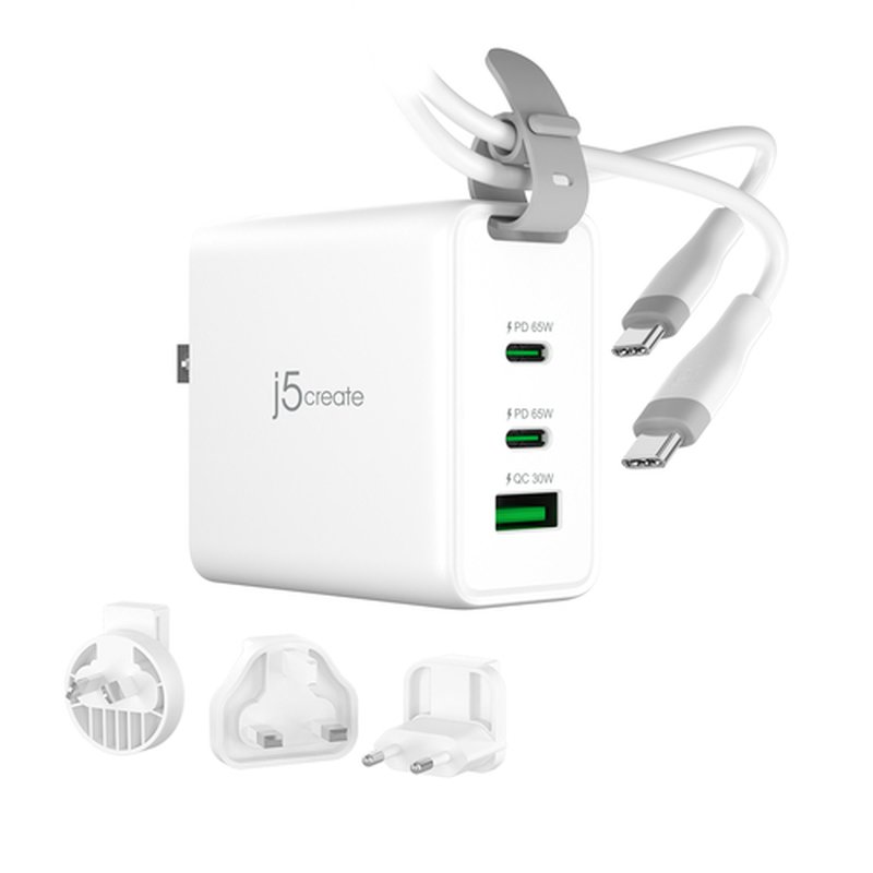 j5create Cargador de viaje de 3 puertos GaN de 65 W con enchufes intercambiables CA y cable USB-C