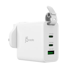 j5create Cargador de viaje de 3 puertos GaN de 65 W con enchufes intercambiables CA y cable USB-C