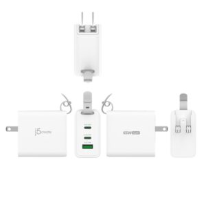 j5create Cargador de viaje de 3 puertos GaN de 65 W con enchufes intercambiables CA y cable USB-C