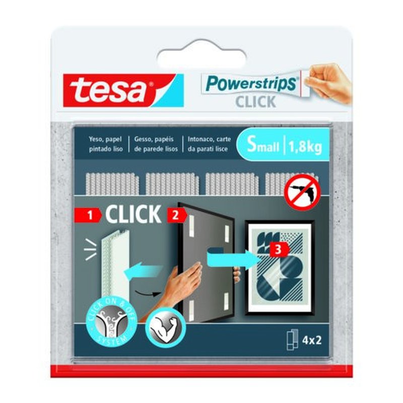 BLISTER TIRAS ADHESIVAS CUELGA OBJETOS POWERSTRIPS CLIK 1,8KG 4 PARES 60X20MM "S" TESA 77720-00001-00