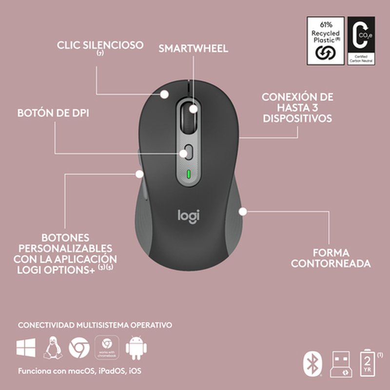 Logitech MK950 Signature Slim, teclado y ratón inalámbricos, diseño elegante, escritura y clics discretos, uso alternante de 3 dispositivos, Bluetooth, multisistema operativo, para Windows y Mac, QWERTY Español, Grafito - Imagen 10