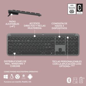 Logitech MK950 Signature Slim, teclado y ratón inalámbricos, diseño elegante, escritura y clics discretos, uso alternante de 3 dispositivos, Bluetooth, multisistema operativo, para Windows y Mac, QWERTY Español, Grafito