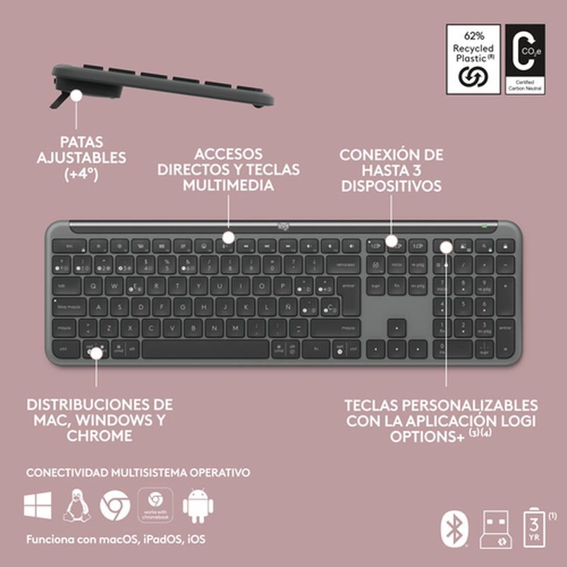 Logitech MK950 Signature Slim, teclado y ratón inalámbricos, diseño elegante, escritura y clics discretos, uso alternante de 3 dispositivos, Bluetooth, multisistema operativo, para Windows y Mac, QWERTY Español, Grafito - Imagen 9