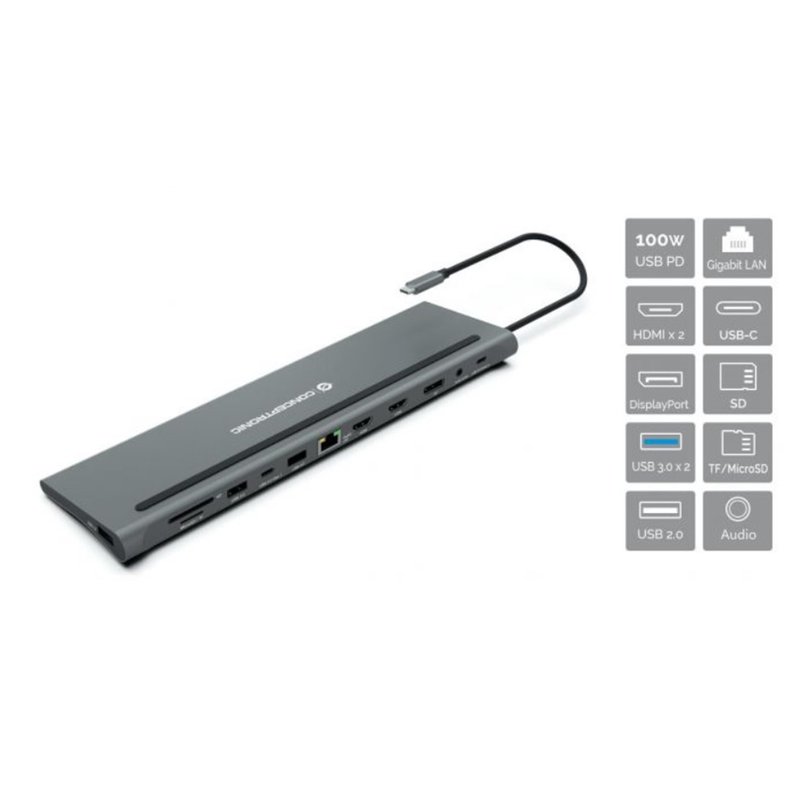 Conceptronic DONN17G base para portátil y replicador de puertos Alámbrico USB 3.2 Gen 1 (3.1 Gen 1) Type-C Gris