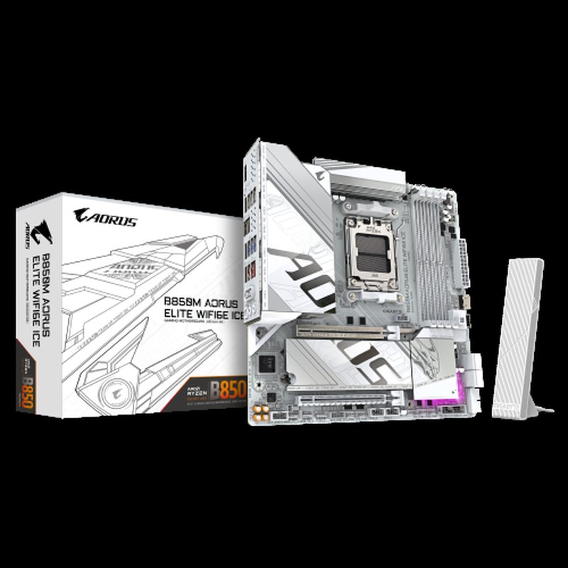GIGABYTE B850M AORUS ELITE WIFI6E ICE Placa Base - Procesadores AMD Ryzen Serie 9000, 12+2+1 fases VRM digitales, hasta 8200MHz DDR5 (OC), 1xPCIe 5.0 + 1xPCIe 4.0 M.2, LAN 2.5, WIFI 7, USB 3.2 Gen 2