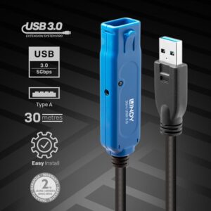 Alternative view of Lindy 43362 cable USB 30 m USB 3.2 Gen 1 (3.1 Gen 1) USB A Negro, Azul