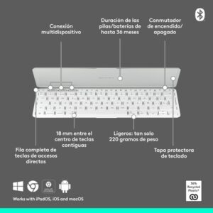 Logitech Keys-To-Go 2, teclado inalámbrico portátil para iPad con tapa integrada, estilizado y compacto, para iPad, iPhone, Mac y Apple TV, para alternar fácilmente entre dispositivos, Gris
