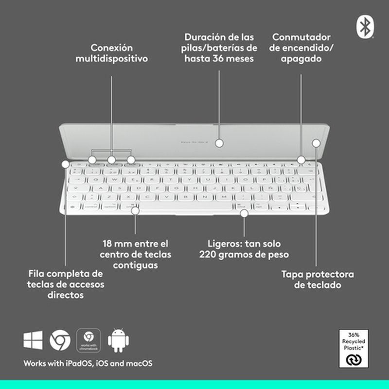 Logitech Keys-To-Go 2, teclado inalámbrico portátil para iPad con tapa integrada, estilizado y compacto, para iPad, iPhone, Mac y Apple TV, para alternar fácilmente entre dispositivos, Gris - Imagen 6
