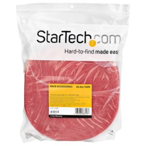 StarTech.com Bobina de 30,48m de Gancho y Bucle - Tiras Reutilizables de Gancho y Bucle - Cinta Sujetacables - Envolturas Ajustables de Tela para Gestión de Cableado - Rojo