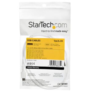 StarTech.com Cable de 1m de Carga USB A a USB C - de Carga Rápida y Sincronización Rápida USB 2.0 a USB Tipo C - Revestimiento TPE de Fibra de Aramida M/M 3A Blanco - S10, iPad Pro, Pixel