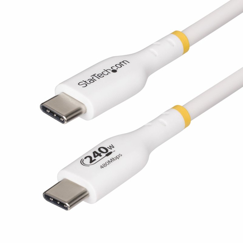 StarTech.com Cable de Carga para Portátil USB-C de 2m - Cable USB Tipo C USB 2.0 para Portátil - Blanco - Cable con Certificación USB-IF - PD 240W EPR - Recubrimiento de TPE - M/M