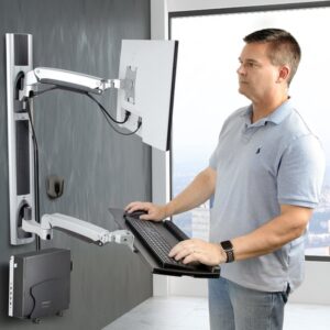 StarTech.com Estación de Trabajo Soporte de Pared para Monitor VESA de 27 Pulgadas (10kg) con Bracket para CPU / Ordenador y Bandeja para Teclado y Ratón - con Brazo Articulado para Monitor