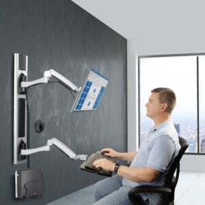 StarTech.com Estación de Trabajo Soporte de Pared para Monitor VESA de 27 Pulgadas (10kg) con Bracket para CPU / Ordenador y Bandeja para Teclado y Ratón - con Brazo Articulado para Monitor