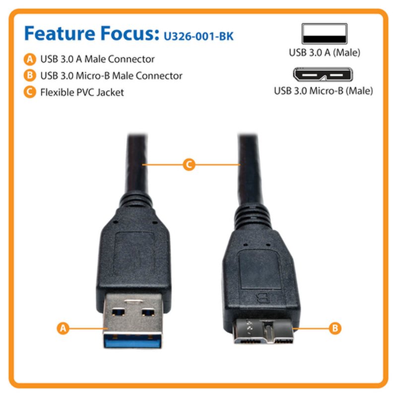 Tripp Lite U326-001-BK Cable para Dispositivo USB 3.0 SuperSpeed (A a Micro-B M/M), Negro, 0.3 m [1 pie] - Imagen 2
