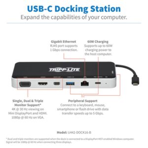 Tripp Lite U442-DOCK16-B Estación de Conexión USB, Pantalla Triple - 4K HDMI y mDP, VGA, USB 3.2 Gen 1, Hub USB A y USB C, GbE, Carga PD de 60W, Negro