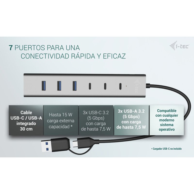i-tec USB-C/USB-A Charging Metal HUB 7 port (3x USB-C, 4x USB-A) i-tec USB-C/USB-A Charging Metal HUB 7 port (3x USB-C, 4x USB-A) - Imagen 6