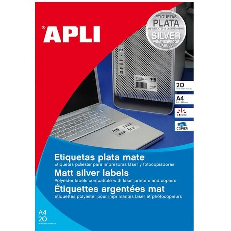 APLI Paq.960 etiquetas poliester 45,7x21,2mm A4 plata