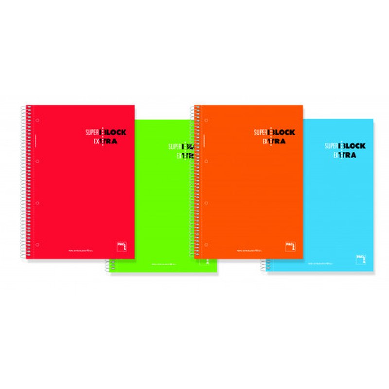 CUADERNO ESPIRAL SERIE SUPERBLOCK EXTRA TAPA DURA 90 GRS. A-4 (210X297MM.) MICROPERFORADO 120 HOJAS CUADRÍCULA 5X5 + GRECA SURTIDO PACSA 16366