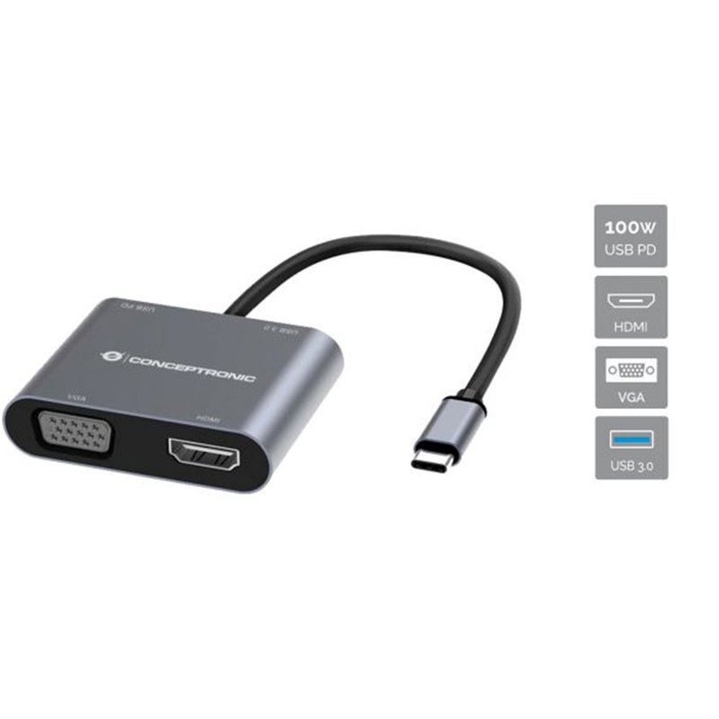 Conceptronic DONN16G base para portátil y replicador de puertos Alámbrico USB 3.2 Gen 1 (3.1 Gen 1) Type-C Negro, Plata Conceptronic DONN16G base para portátil y replicador de puertos Alámbrico USB 3.2 Gen 1 (3.1 Gen 1) Type-C Negro, Plata