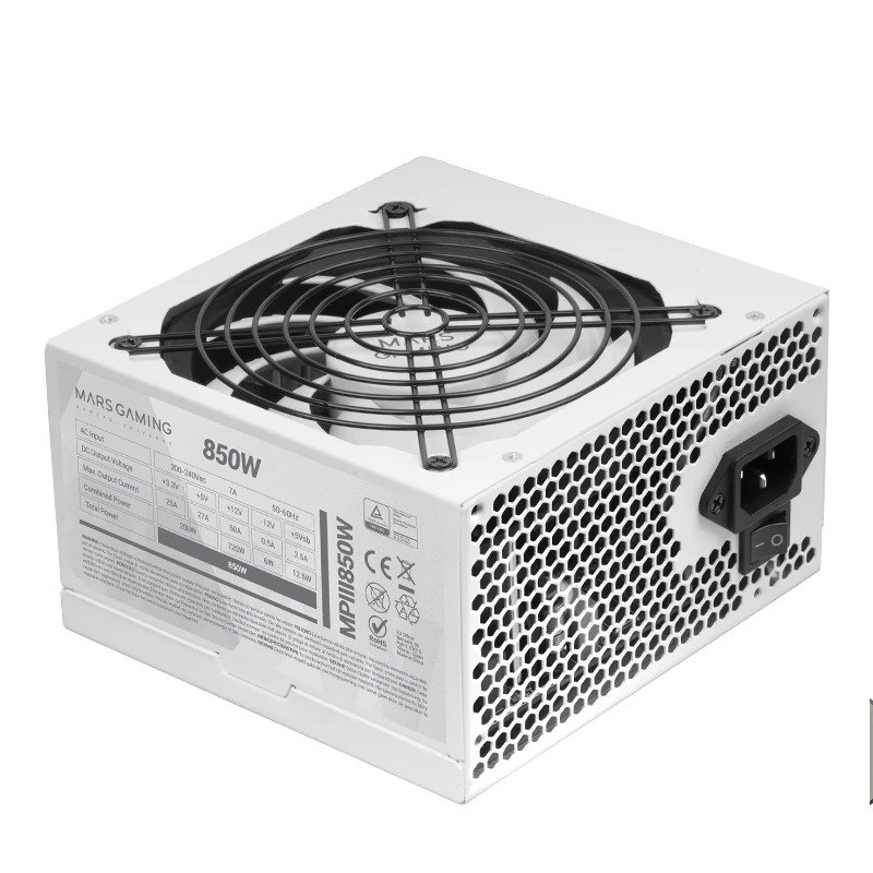 Mars Gaming MPIII850, Fuente Alimentación PC ATX 850W, 5 Años de Garantía, 85% Eficiencia, Sistema Digital APFC, Ventilador FDB 120mm AI-RPM, Tecnologías DC-DC y SMD, Cables Planos Extralargos, Blanco Mars Gaming MPIII850, Fuente Alimentación PC ATX 850W, 5 Años de Garantía, 85% Eficiencia, Sistema Digital APFC, Ventilador FDB 120mm AI-RPM, Tecnologías DC-DC y SMD, Cables Planos Extralargos, Blanco