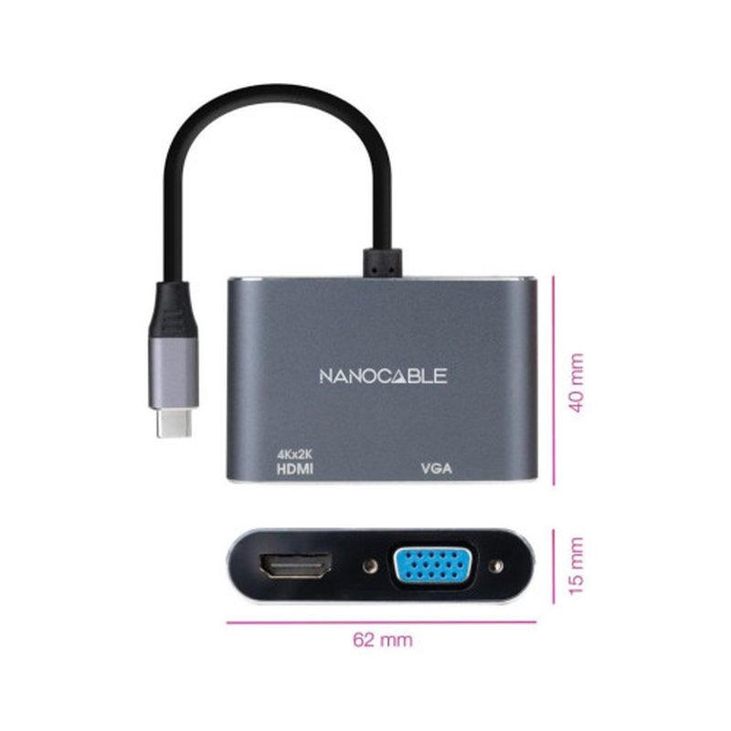 Nanocable Conversor USB-C a HDMI/VGA 15 cm, Gris