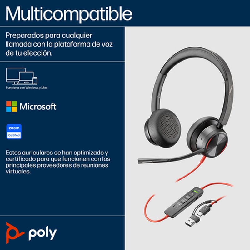 POLY Auriculares estéreo Blackwire 8225 con certificación Microsoft Teams USB-C + Adaptador USB-C/A - Imagen 2