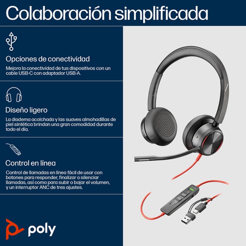 POLY Auriculares estéreo Blackwire 8225 con certificación Microsoft Teams USB-C + Adaptador USB-C/A - Imagen 4