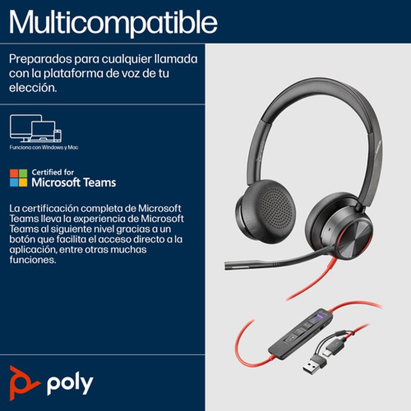 POLY Auriculares estéreo Blackwire 8225 con certificación Microsoft Teams USB-C + Adaptador USB-C/A - Imagen 6