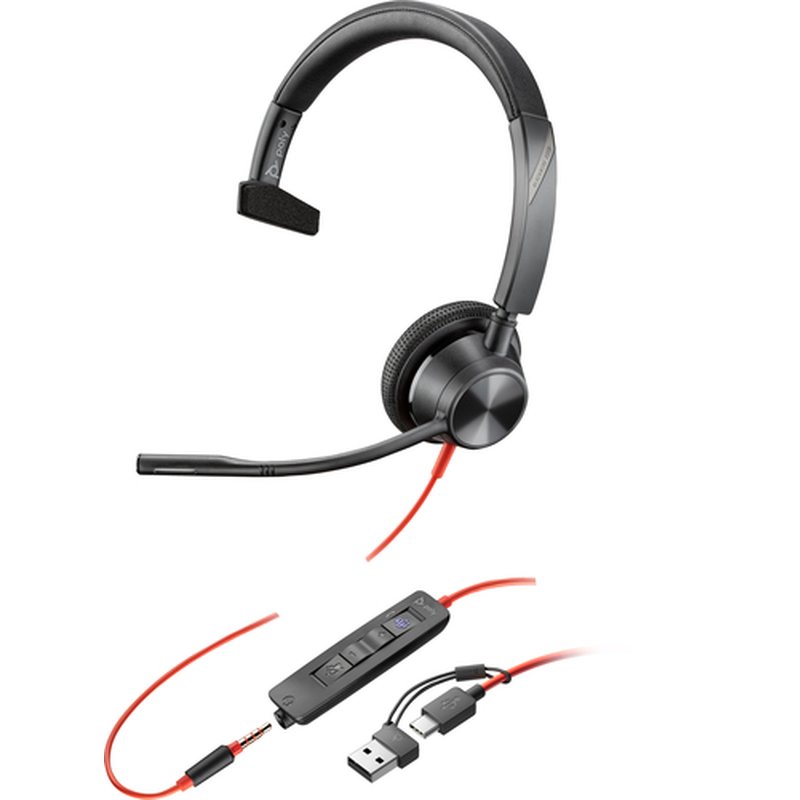 POLY Auriculares monoaurales Blackwire 3315 con certificación Microsoft Teams USB-C + Conector de 3,5 mm + Adaptador USB-C/A