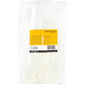 StarTech.com Bridas reutilizables de 20cm para cables - 7 mm de ancho, 50 mm de diámetro, soportan 22 kg de tensión, de nylon, para interior/ext., 94V-2/UL, paquete de 100 - blancas